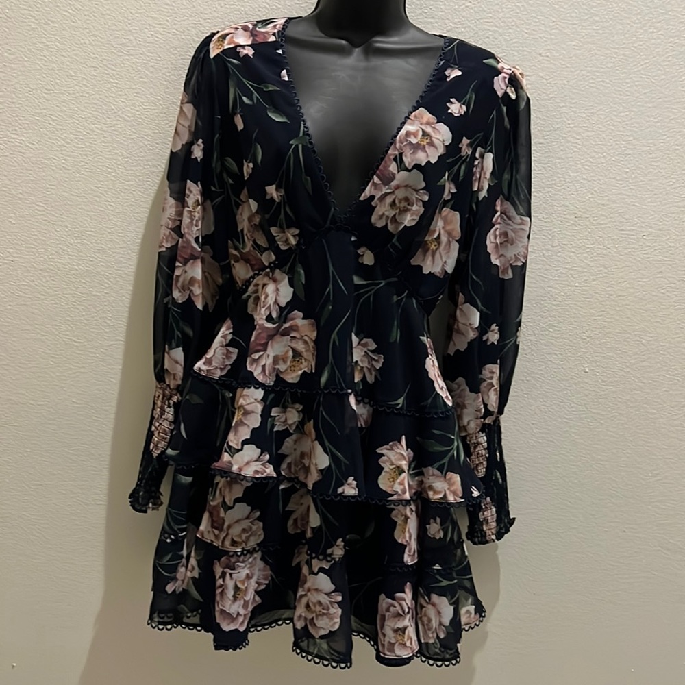 Floral V-Neck Tiered Mini Dress - Navy & Blush
